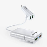 Muvit Multi Port Car Charger 40W with 4 USB Ports Turbo Car Charger 8.2A |2 USB Ports Driving seat | 2 USB Ports for Back seat Extended Cable Compatiable Smartphones Apple iPhone Android Devices (White)