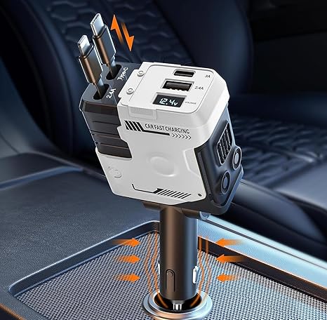 Muvit Retractable Car Charger, 120W 4 in 1 Super Fast Charge Car Phone Charger with Retractable Cables (31.5 Inch) + 2 USB Ports Car Adapter for iPhone 16/15/14/13/12 Pro Max Xr, Ipad, Pixel