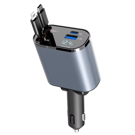 Muvit 60W 4 in 1 Car Charger Portable Retractable Car Charger Type C & USB Charging Ports, USB-C & Lightning Retractable Cables (80cm),Compatible with iPhones, iPad & Android Devices - Silver