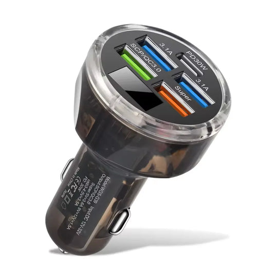 Muvit 65W Car Charger 5 Ports(4 USB + 1 Type-C) Fast Charging Adapter with Pd30W&Qc3.0,Transparent Case Led Indicator Compatible with iPhone/Smartphones/Tablets/Smartwatches and Power Banks