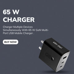 Muvit 65W GaN Fast Charger Adapter | 3-Port USB C + USB A Wall Charger  | Fast Charging PD Charger