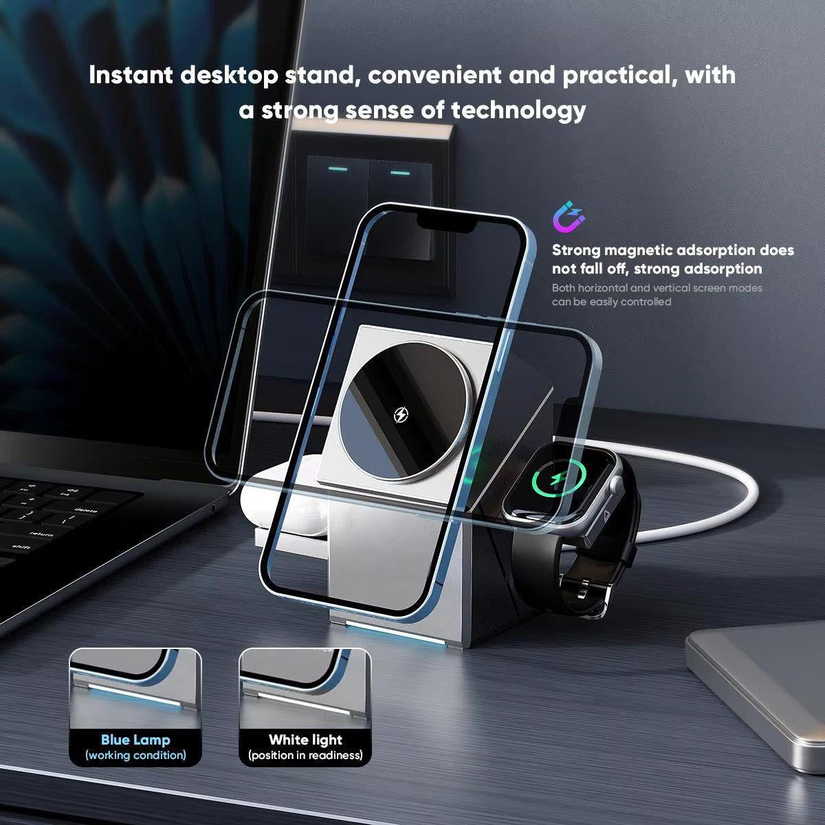 Muvit 3-in-1 Magnetic Wireless Charging Station 23W MagSafe Stand – Auto Rotation Charger