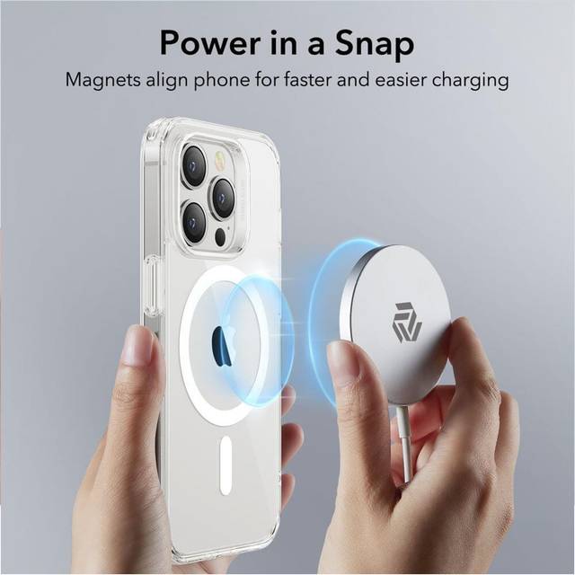 Muvit 15W Magnetic Wireless Charger Cable for iPhone 12, 13, 14, 15 shown aligning with a smartphone using MagSafe technology.