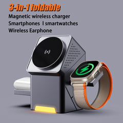 Muvit 3-in-1 Magnetic Wireless Charging Station with Auto Rotation,23W Fast Charging Dock Compatible for iPhone 17/16/15/14/13/12 Series, Air-Pods,iWatch Ultra 2/10/9/8/7/6/SE – Mag-Safe Stand