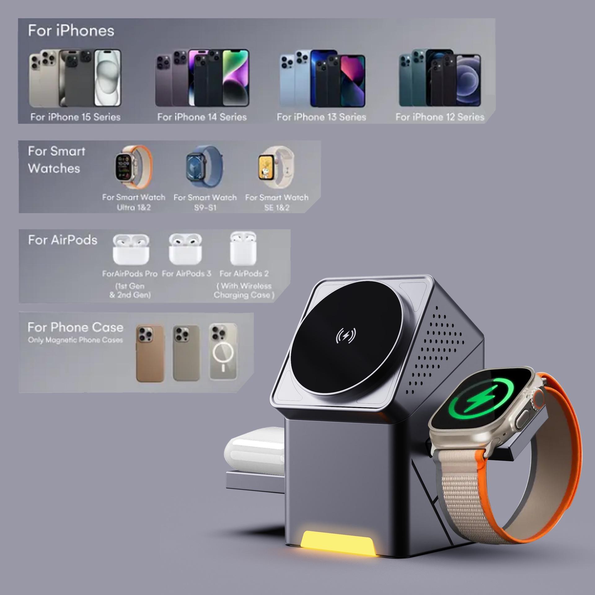 Muvit 3-in-1 Magnetic Wireless Charging Station with Auto Rotation,23W Fast Charging Dock Compatible for iPhone 17/16/15/14/13/12 Series, Air-Pods,iWatch Ultra 2/10/9/8/7/6/SE – Mag-Safe Stand