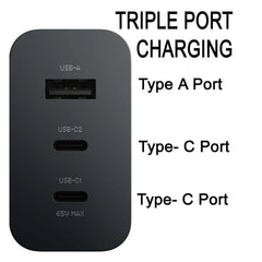 Muvit 65W GaN Fast Charger Adapter | 3-Port USB C + USB A Wall Charger  | Fast Charging PD Charger
