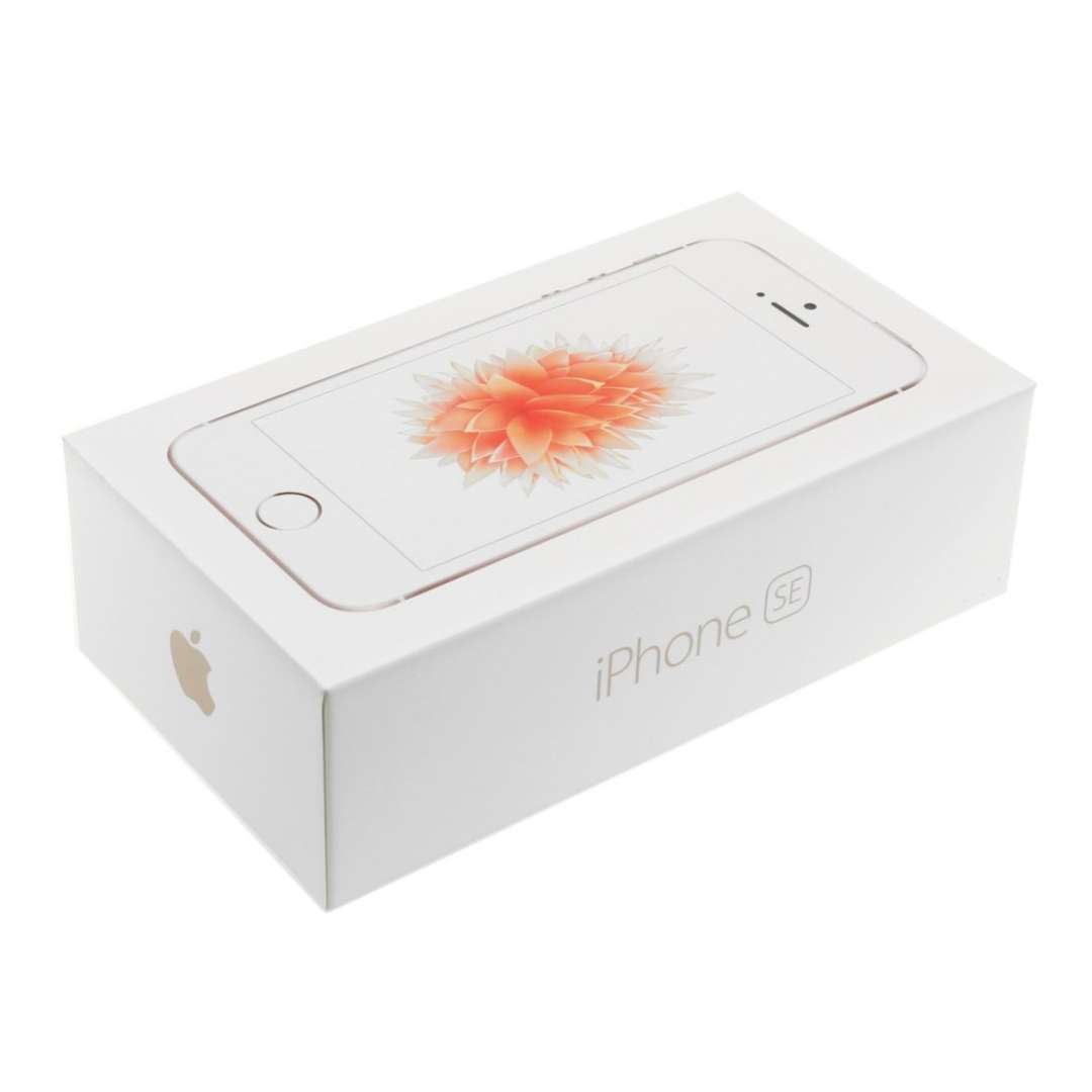 White box packaging of an iPhone SE with a floral design on a white background