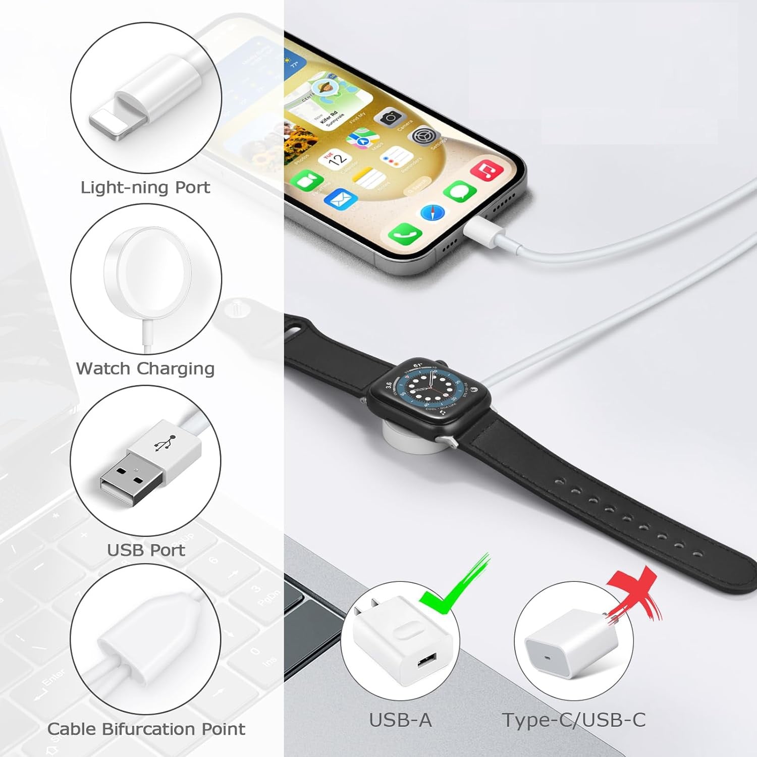Muvit Fast Charging USB Cable with Magnetic Watch Charger for iWatch Series 10–1 & iPhone (White)