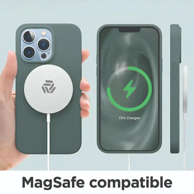 Muvit 15W Magnetic Wireless Charger Cable attached to an iPhone 13 in green case, showing 75% charge with MagSafe compatibility.