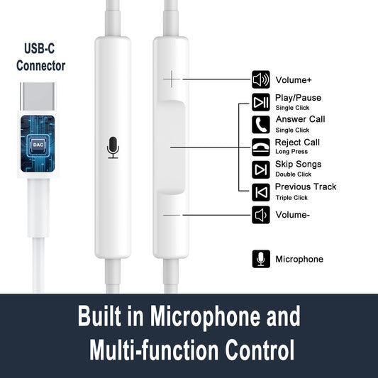 Muvit Type C Earphone Wired Type-C in Ear Earbuds Only Compatible for iPhone 16/15/15 Plus/15 Pro/15 Pro Max Wired Earphones Noise Isolation Deep Bass Stereo Sound Headset with Mic Earphone(USB C)