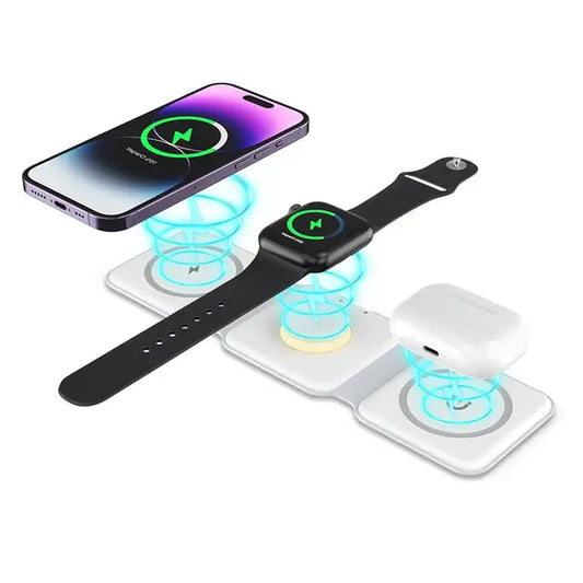 Muvit 3-in-1 foldable magnetic wireless charger charging an iPhone, iWatch, and AirPods simultaneously with a sleek design.
