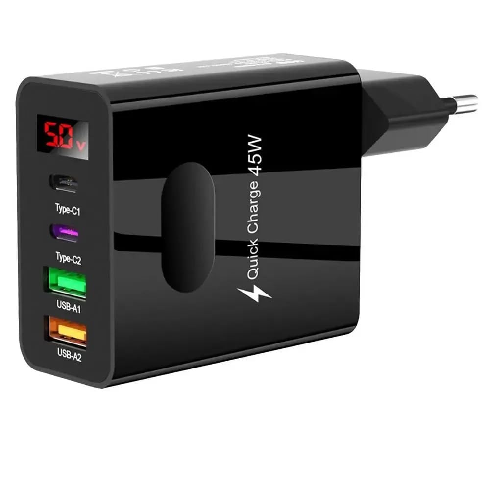 Muvit 45W Fast Charger Adapter with 4 Ports (USB + Type-C PD) | Multi Device Super Fast Charging Wall Charger | Black