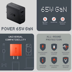 Muvit 65W GaN Fast Charger Adapter | 3-Port USB C + USB A Wall Charger  | Fast Charging PD Charger