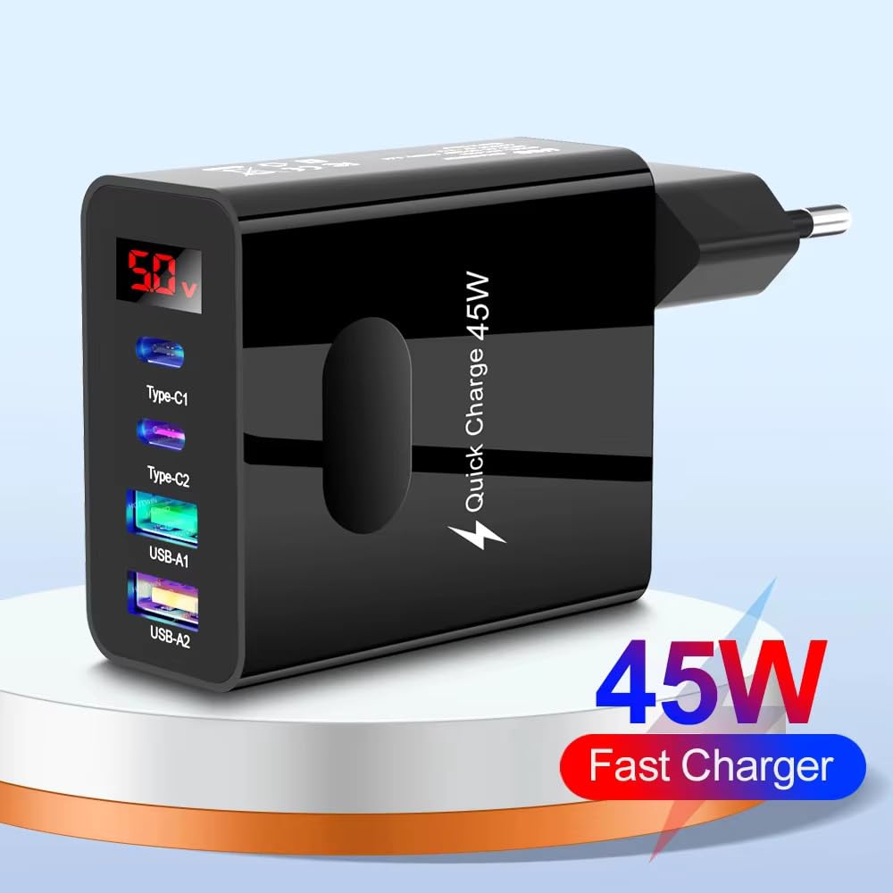 Muvit 45W Fast Charger Adapter with 4 Ports (USB + Type-C PD) | Multi Device Super Fast Charging Wall Charger | Black