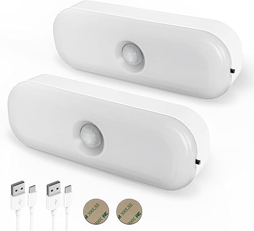 Muvit LED Motion Sensor Night Light, USB Rechargeable, Adjustable Brightness, Stick-on Foot Light with Automatic On/Off, No Construction Required, Indoor Use, Motion Detection Sensor-Pack of 2