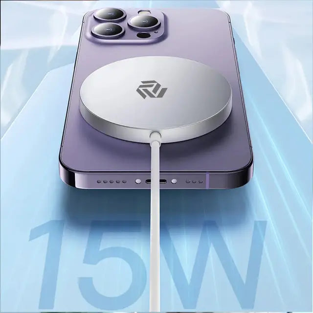 Muvit 15W Magnetic Wireless Charger Cable attached to a purple iPhone 14, showcasing its MagSafe compatibility and sleek design.