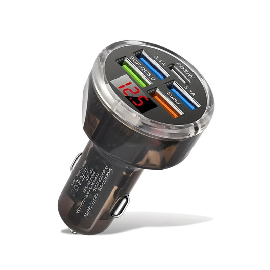 Muvit Car Charger, 5-Port (4 USB + 1 Type-C) Fast Charging Car Charger 65W, Transparent Case and 4 USB Ports Car Charger Adapter Compatible with iPhone 16 15 14 13 12 11 Pro Max, Pixel