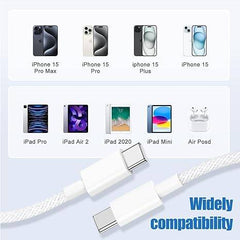 Muvit Type C to Type C cable with wide compatibility for iPhone 15 series, iPads, and AirPods, ensuring seamless connectivity.