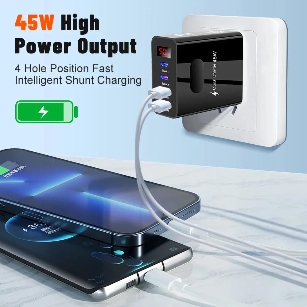 Muvit 45W Fast Charger Adapter with 4 Ports (USB + Type-C PD) | Multi Device Super Fast Charging Wall Charger | Black