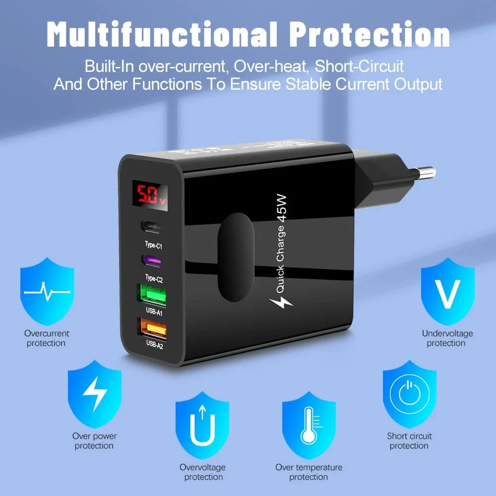 Muvit 45W Fast Charger Adapter with 4 Ports (USB + Type-C PD) | Multi Device Super Fast Charging Wall Charger | Black
