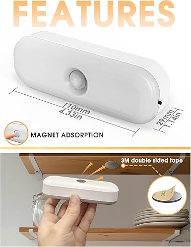 Muvit LED Motion Sensor Night Light, USB Rechargeable, Adjustable Brightness, Stick-on Foot Light with Automatic On/Off, No Construction Required, Indoor Use, Motion Detection Sensor-Pack of 2