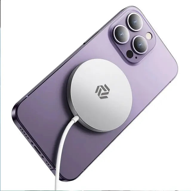 Muvit 15W Magnetic Wireless Charger Cable attached to a purple iPhone 14 Pro, showcasing MagSafe compatibility and sleek design.