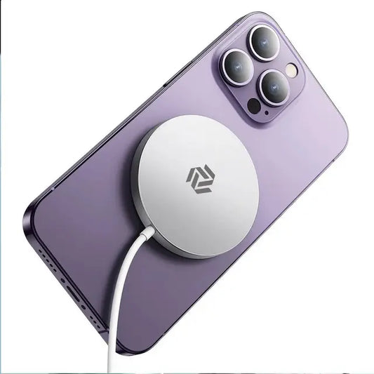 Muvit 15W Magnetic Wireless Charger Cable attached to a purple iPhone 14 Pro, showcasing MagSafe compatibility and sleek design.