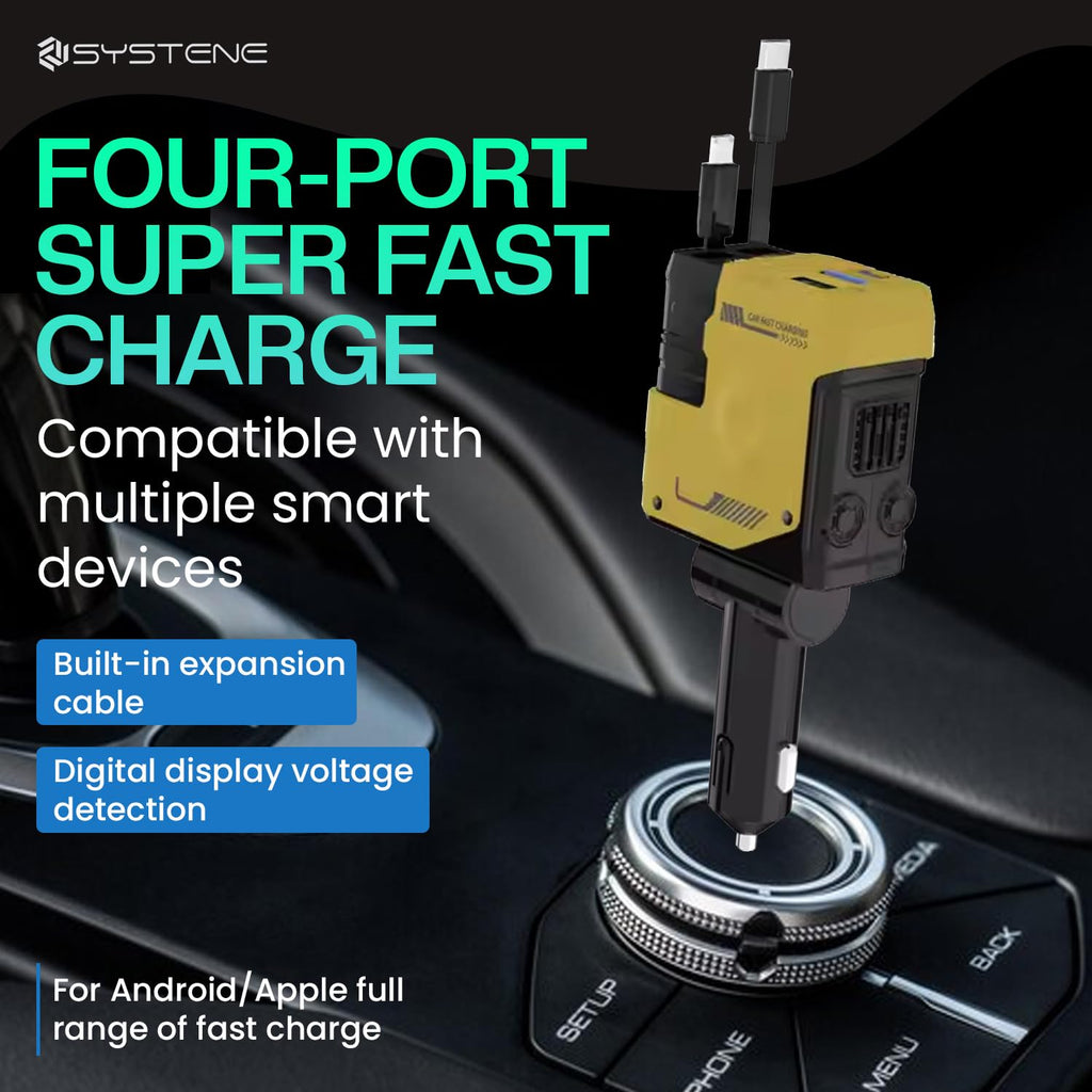 Muvit 120W Retractable Car Charger 4-in-1 Super Fast Charging Adapter (Yellow)