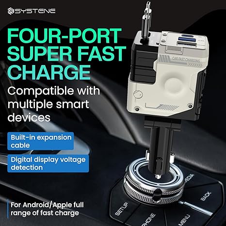 Muvit 120W Retractable Car Charger 4-in-1 | Fast Charging Car Adapter with Dual Retractable Cables