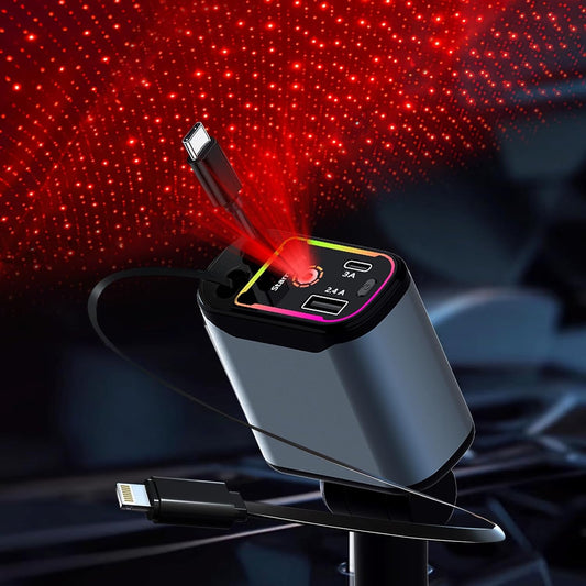 Muvit 4 in 1 Retractable Car Charger with Starry Light,66W Cigarette Lighter Charger Compatible for iPhone 17 Pro Max 16 15 14 13 12 11 Series, Compatible All Other Phone Models