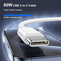 Muvit 60W USB Type C to Type C cable showcasing faster and safer charging with a 30-minute charging test.
