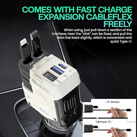 Muvit 120W Retractable Car Charger 4-in-1 | Fast Charging Car Adapter with Dual Retractable Cables