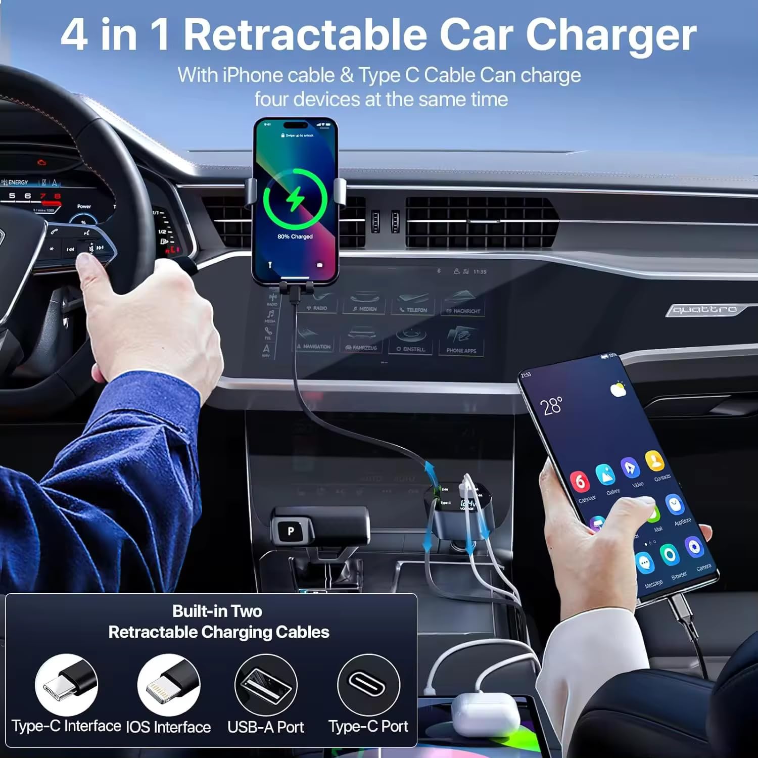 Muvit Retractable Car Charger, 120W 4 in 1 Super Fast Charger