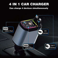 Muvit 4 in 1 Retractable Car Charger with Starry Light,66W Cigarette Lighter Charger Compatible for iPhone 17 Pro Max 16 15 14 13 12 11 Series, Compatible All Other Phone Models