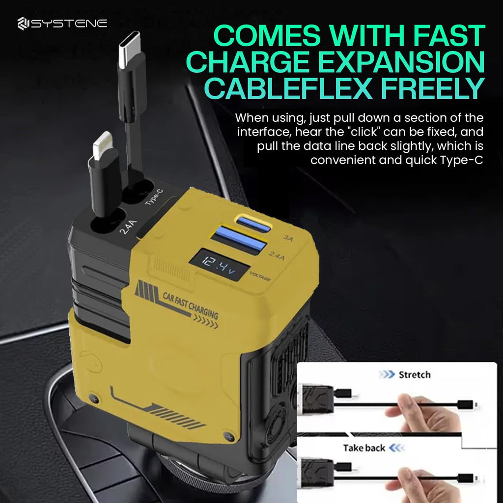 Muvit 120W Retractable Car Charger 4-in-1 Super Fast Charging Adapter (Yellow)