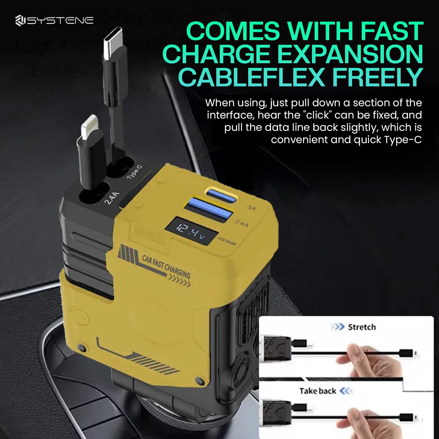 Muvit 120W Retractable Car Charger 4-in-1 Super Fast Charging Adapter (Yellow)