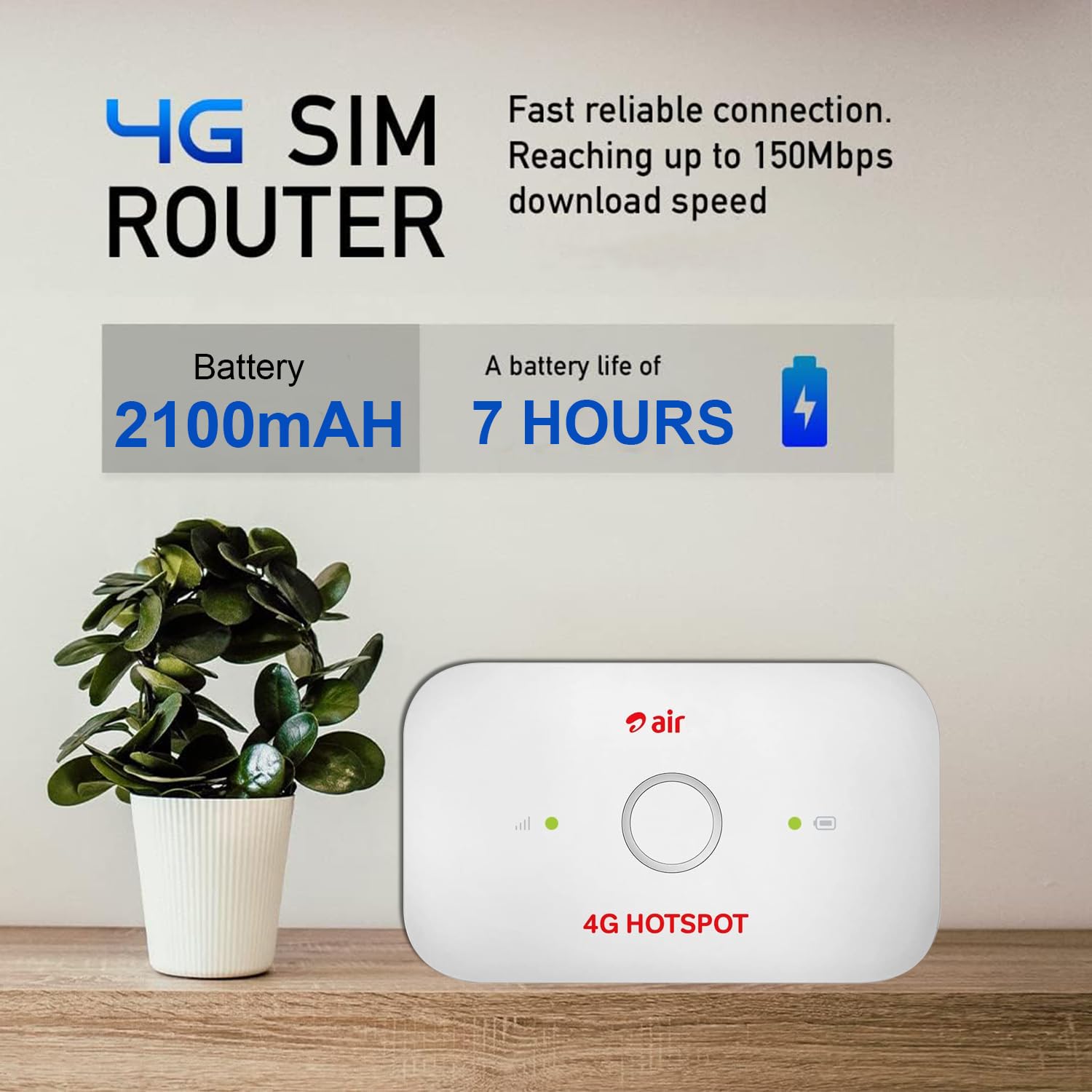 Muvit 4G LTE Wireless Dongle with Airtel Sim Network Support|Single_Band Plug & Play Data Card Stick with Up to 150Mbps WiFi Hotspot|2100Mah Rechargeable Battery (White)