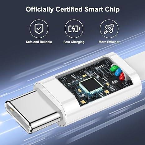 Close-up of Muvit Type C to Type C cable with officially certified smart chip for safe and reliable fast charging.