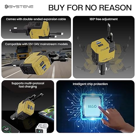 Muvit 120W Retractable Car Charger 4-in-1 Super Fast Charging Adapter (Yellow)