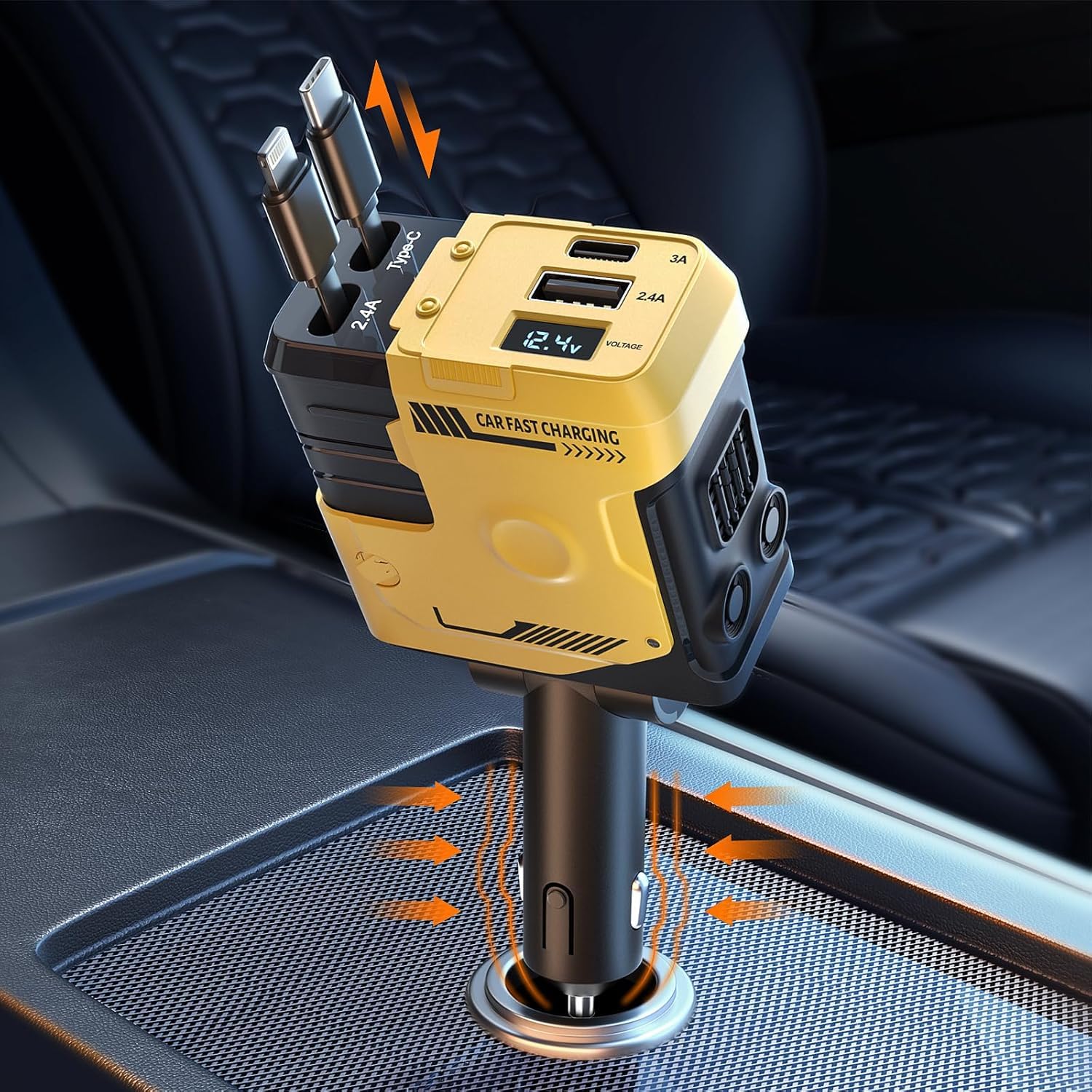 Muvit 120W Retractable Car Charger 4-in-1 Super Fast Charging Adapter (Yellow)