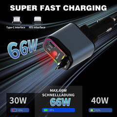 Muvit 4 in 1 Retractable Car Charger with Starry Light,66W Cigarette Lighter Charger Compatible for iPhone 17 Pro Max 16 15 14 13 12 11 Series, Compatible All Other Phone Models