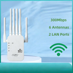 Muvit 6 Antenna WiFi Range Extender 300Mbps | Wireless Repeater with 2 LAN Ports