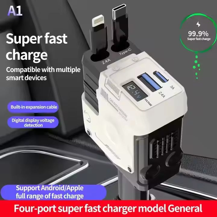 Muvit 120W Retractable Car Charger 4-in-1 | Fast Charging Car Adapter with Dual Retractable Cables