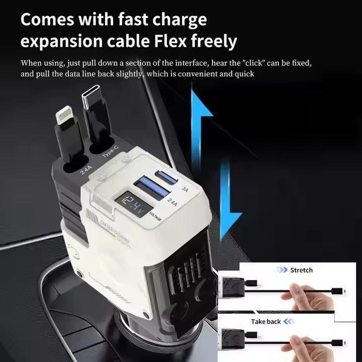 Muvit 120W Retractable Car Charger 4-in-1 | Fast Charging Car Adapter with Dual Retractable Cables