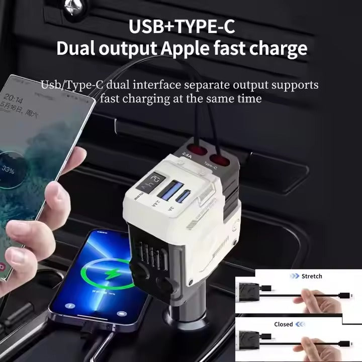 Muvit 120W Retractable Car Charger 4-in-1 | Fast Charging Car Adapter with Dual Retractable Cables