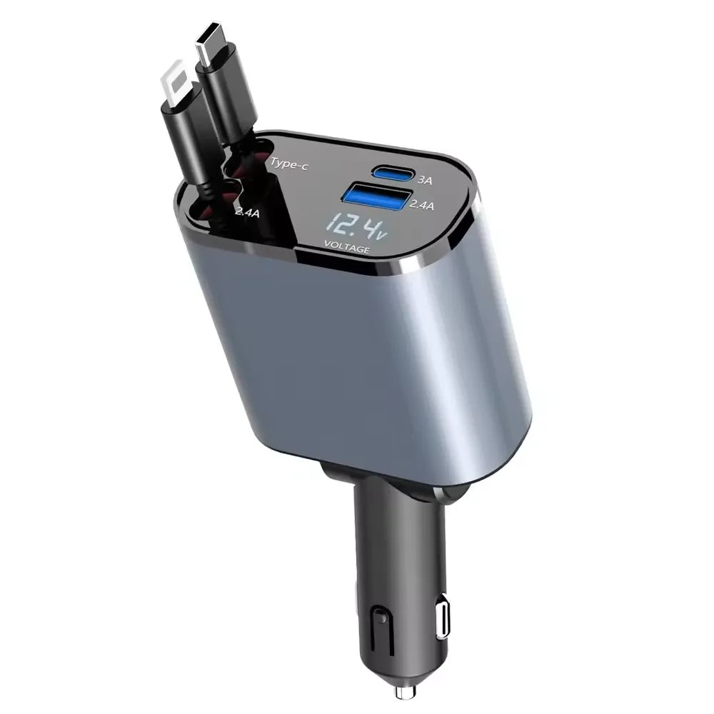 Muvit 60W 4-in-1 Retractable Car Charger with USB-C & Lightning Cable