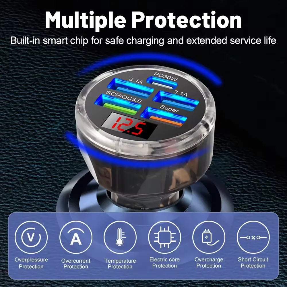Muvit 65W 5-Port Car Charger (4 USB + 1 Type-C) Fast Charging Adapter | Transparent LED Car Charger for iPhone & Android – Black