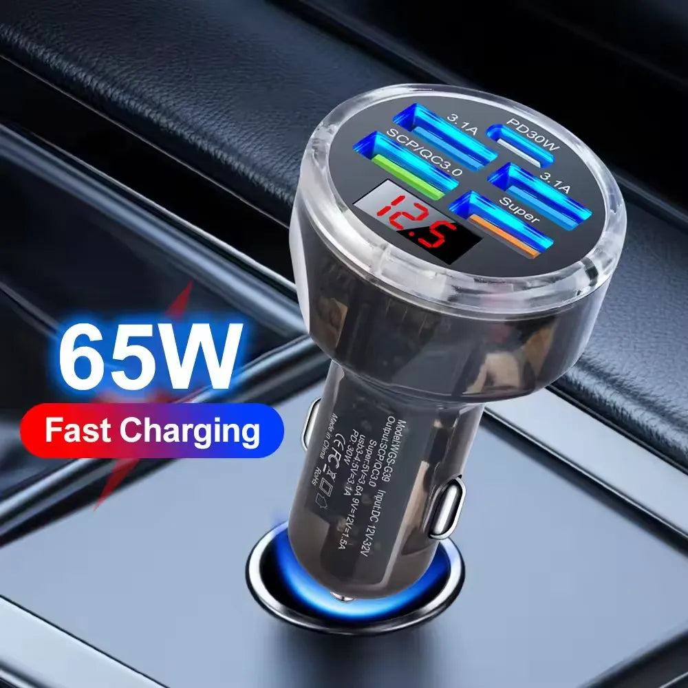 Muvit 65W 5-Port Car Charger (4 USB + 1 Type-C) Fast Charging Adapter | Transparent LED Car Charger for iPhone & Android – Black