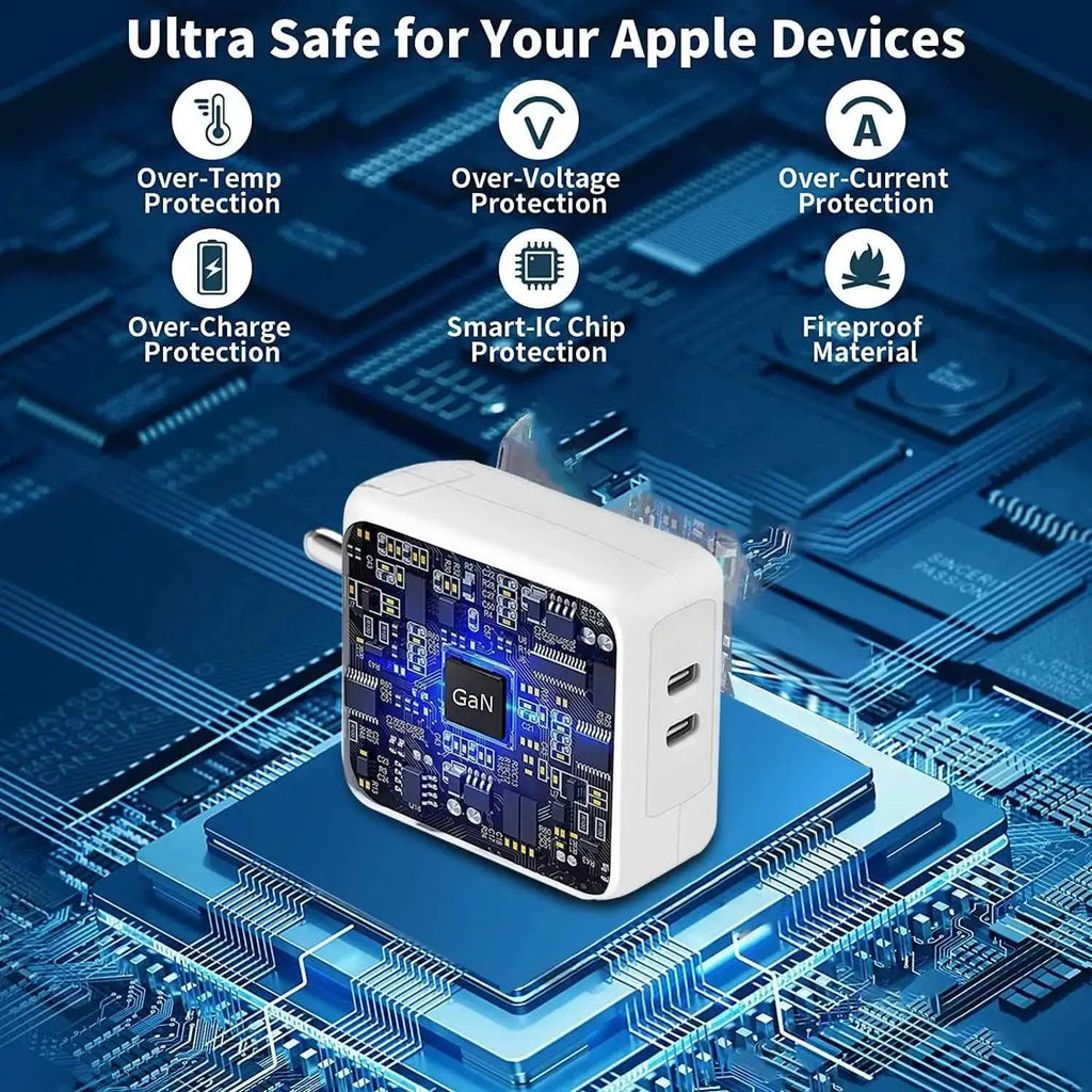 Muvit 35W dual USB-C power adapter with fast charging, PD 3.0 support, and advanced safety features. Compatible with iPhone, iPad, and Android devices.