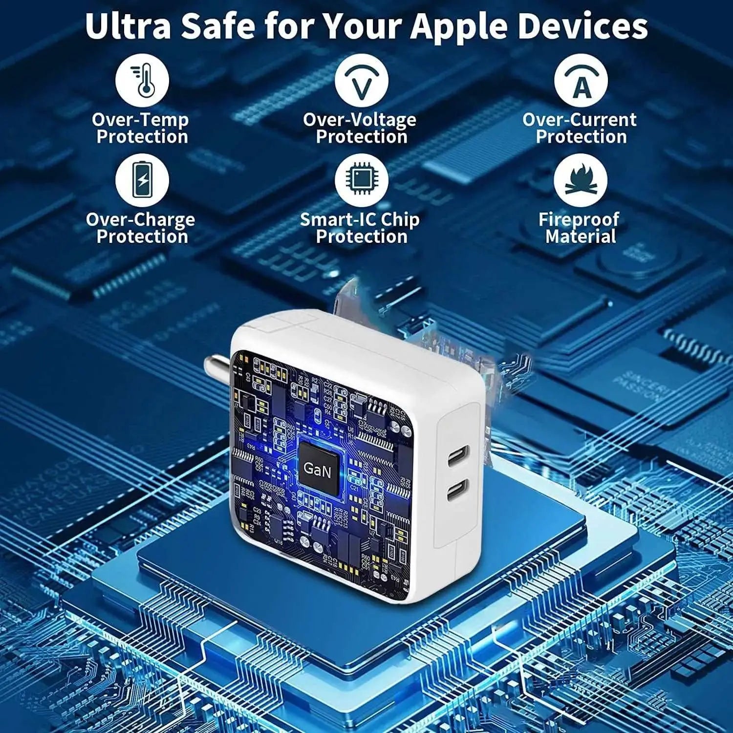 Muvit 35W dual USB-C power adapter with fast charging, PD 3.0 support, and advanced safety features. Compatible with iPhone, iPad, and Android devices.